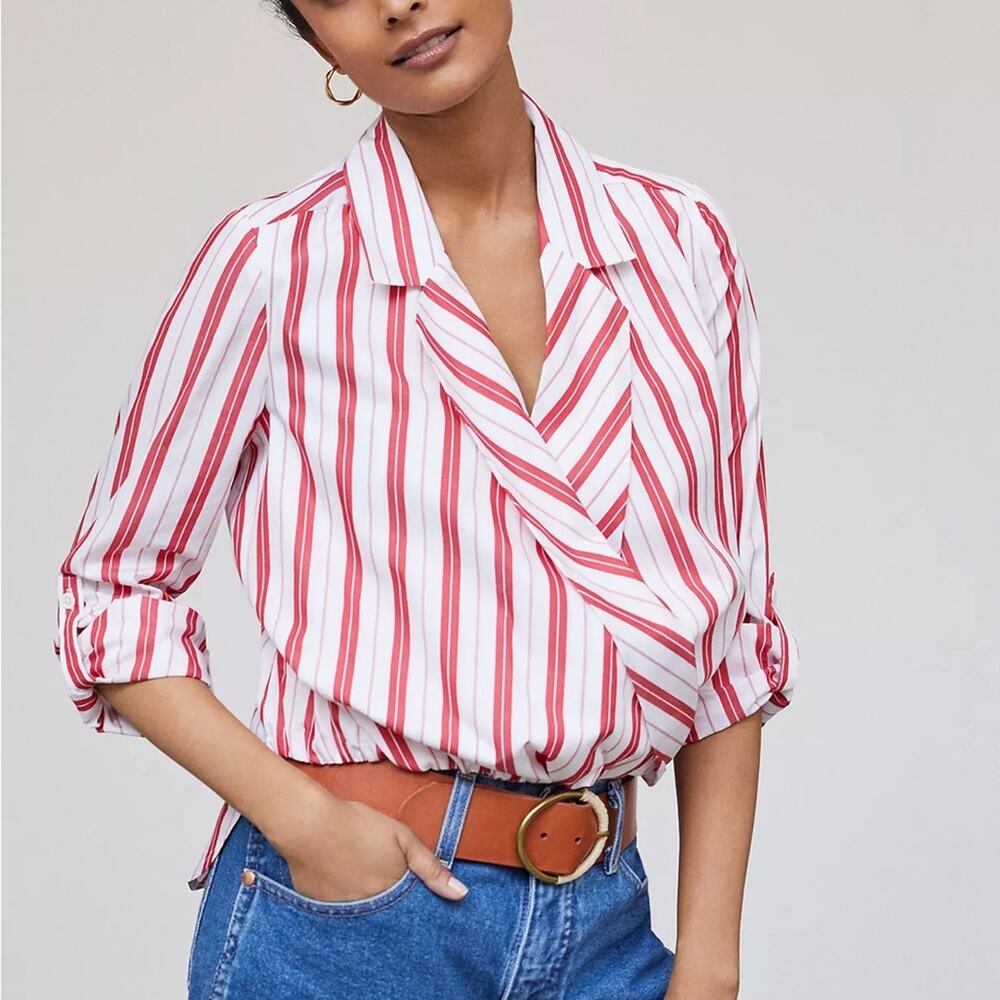 Anthropologie Red and White Striped Wrap Blouse